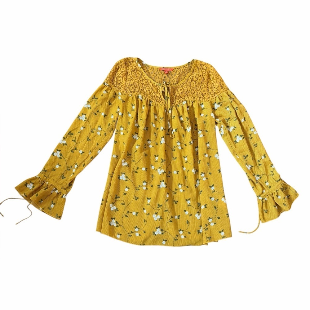 ModCloth Mustard Floral Long Sleeve Lightweight Blouse Lace Women’s Sz Small